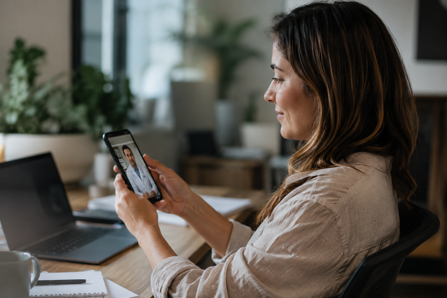 Colaboradora em teleconsulta médica pelo celular, com o médico atendendo por videochamada